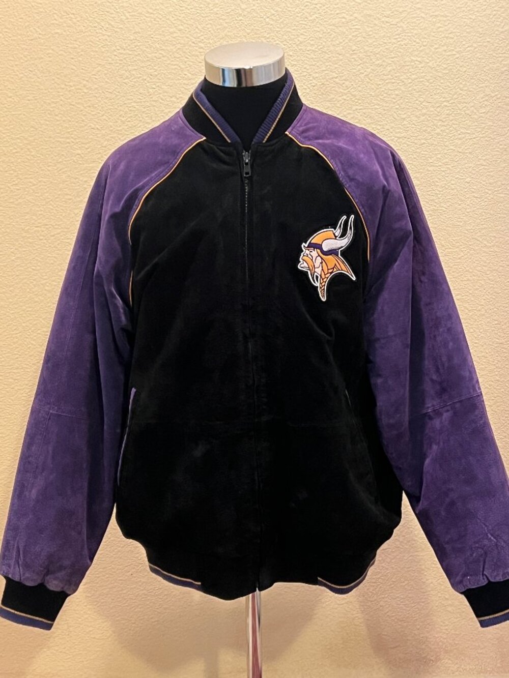 G-III Minnesota Vikings Suede Leather NFL Jacket Mens XL Black Purple Full Zip